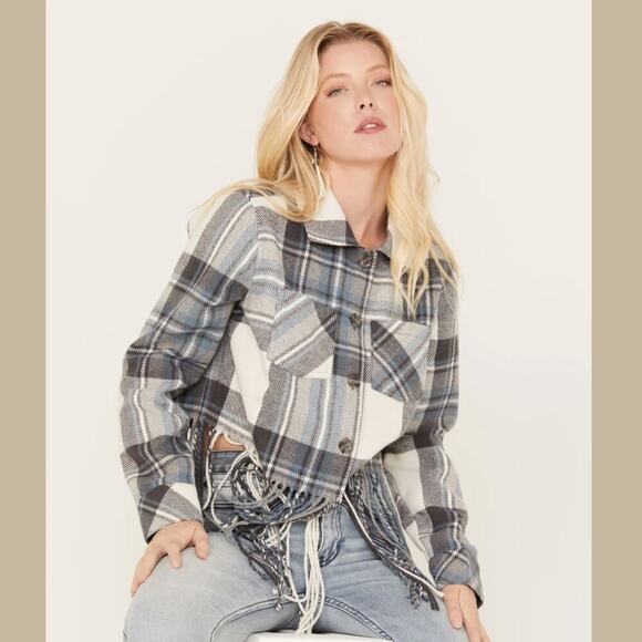 Idyllwind L Walker Flannel Fringe Crop Jacket | Plaid Western Shirt Coat, Cuffs - Picture 1 of 14